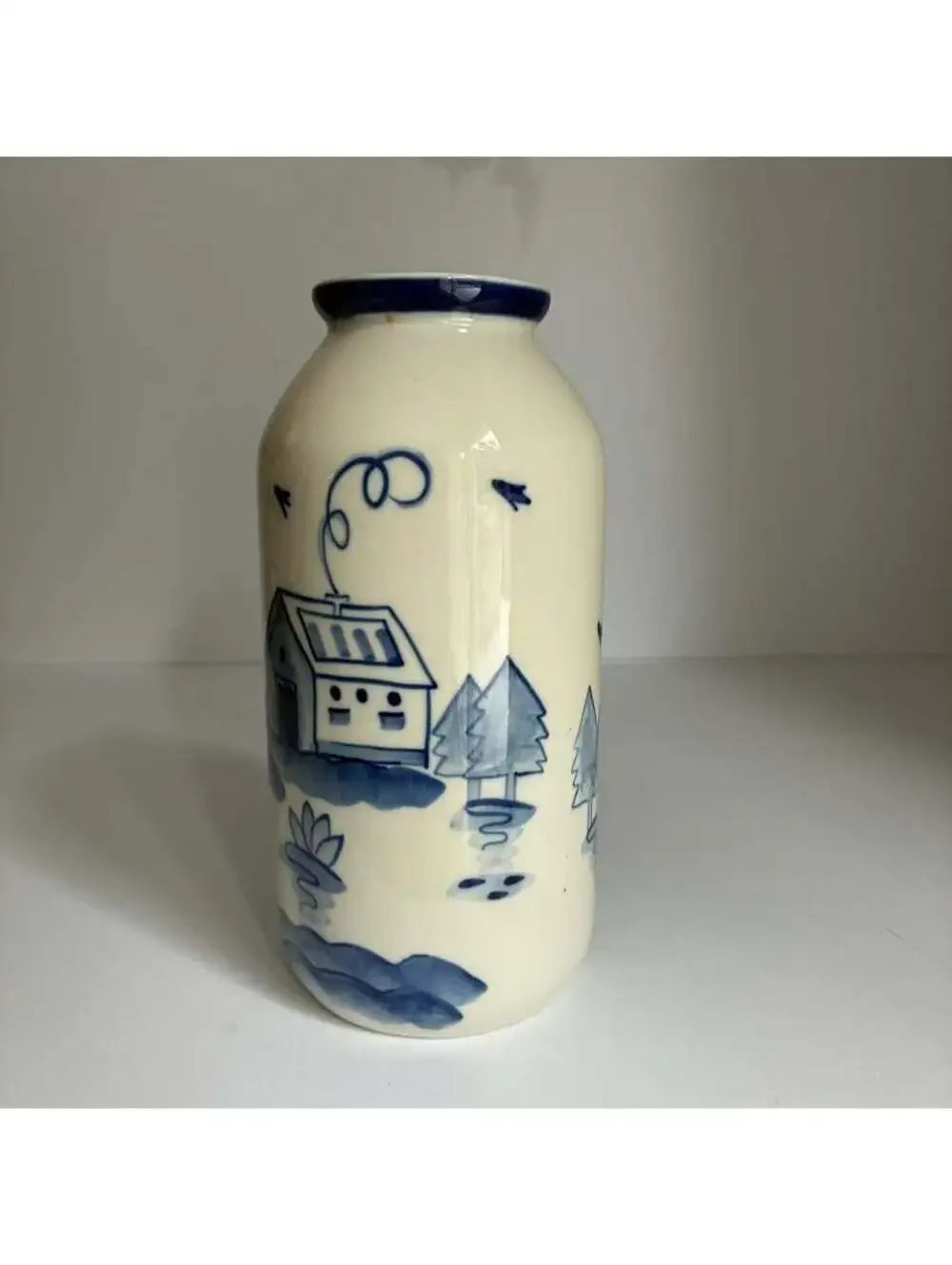 Vintage USSR Blue White Porcelain Vase Gzhel Style Russian Folk Art Village
